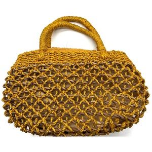 Vintage Rope Bag Handle Top Zip Street Style Yellow Brown Purse.